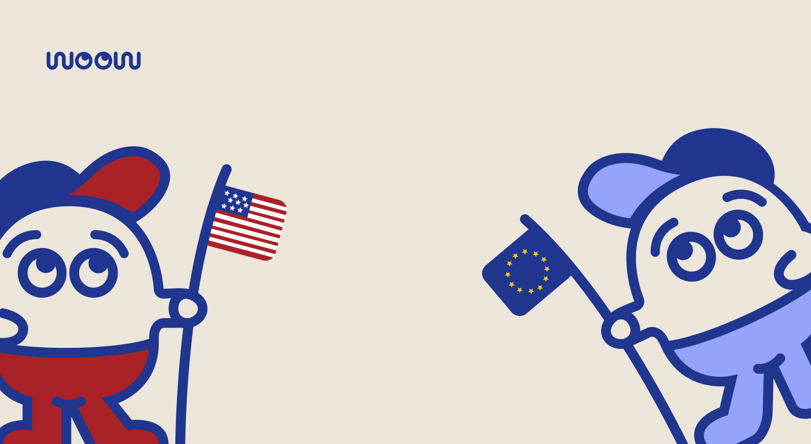 Two WOOW Archie characters facing each other, one holding a United States flag and one holding a European Union flag