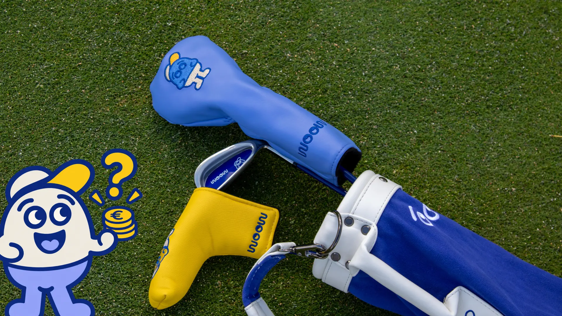 WOOW kids golf clubs, headcovers and bag laid out on grass with Archie considering the cost