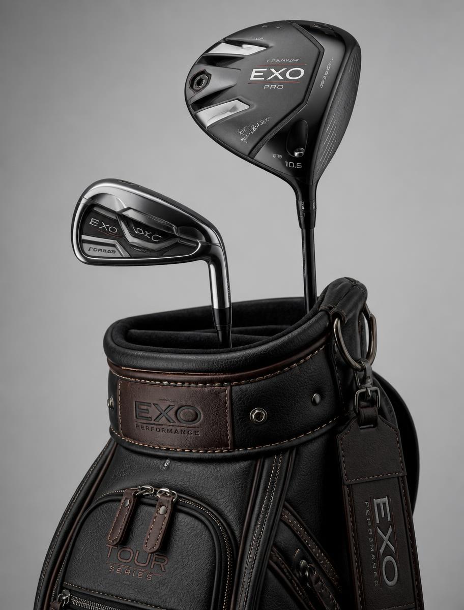 Adult tour golf clubs in a leather bag